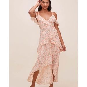 ASTR the Label Pemberley Floral Ruffle Cold Shoulder Hi-Lo Maxi Dress | Pink | M